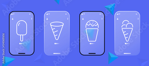Ice cream set icon. Cone, dessert, sweet, delicious, cafe, restaurant, street food, fast food, harmful, take away, icing, cooking, kitchen. Eating concept. UI phone app screens. Galssmorphism