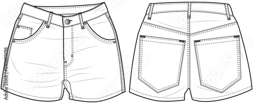 denim shorts flat sketch front and back view technical cad drawing template, womens five pocket denim jean short pant vector illustration template. isolated on white background.