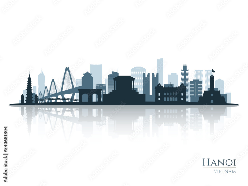 Naklejka premium Hanoi skyline silhouette with reflection. Landscape Hanoi, Vietnam. Vector illustration.