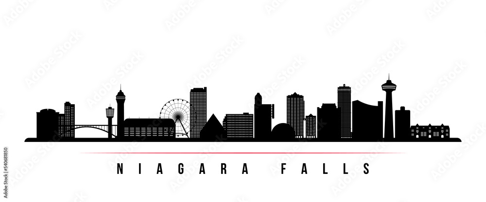 Niagara Falls skyline horizontal banner. Black and white silhouette of Niagara Falls, Ontario. Vector template for your design.