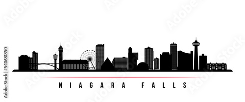 Niagara Falls skyline horizontal banner. Black and white silhouette of Niagara Falls, Ontario. Vector template for your design.