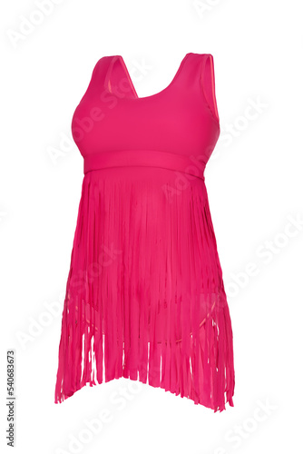 Close-up shot of a pink one-piece swimsuit dress with a fringe. A fringe swim dress is isolated on a white background. Side view.