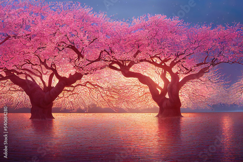 beautiful blossoming pink cherry sakura trees