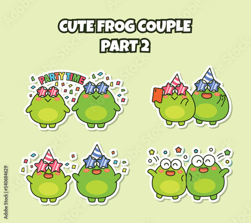Set of cute kawaii couple little frog sticker emoji party time and feel happy emoticon