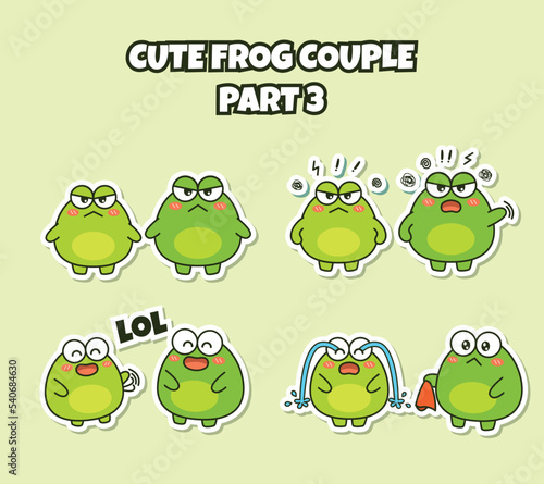 Set of cute kawaii couple little frog sticker emoji angry laughing out loud cry emoticon