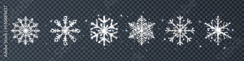 Glitter silver snowflakes set. Luxury Christmas garland border. Snowflake with different ornament. Happy New Year banner. Winter design card. Frozen ice silhouette. Vector illustration