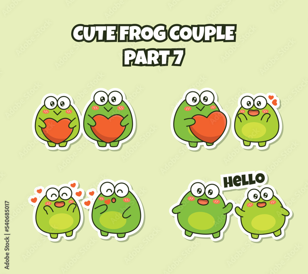 Obraz premium Set of cute kawaii couple little frog sticker emoji falling in love and say hello emoticon