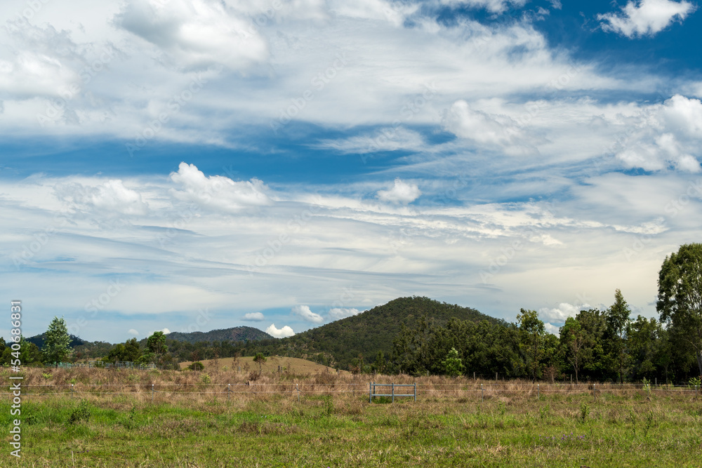 Rural landscape with blue sky and clouds. Widgee, Queensland, Australia 