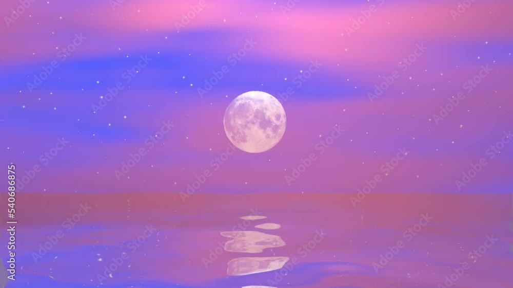 Starry sky, the full moon and pink sunset clouds 3D 4K animation background with copy space Starry sky, the full moon and pink sunset clouds 3D 4K animation background with copy space
