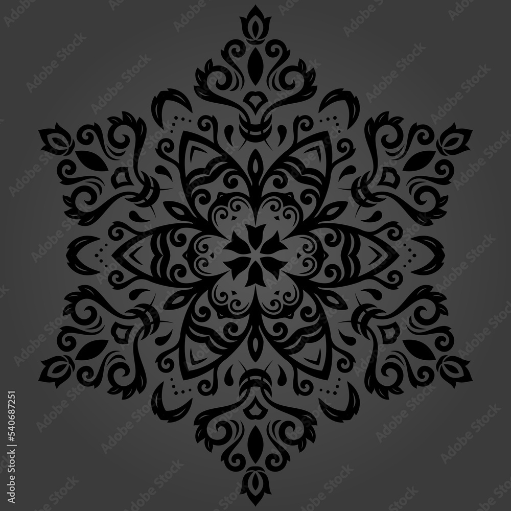 Oriental pattern with black arabesques and floral elements. Traditional classic round ornament. Vintage pattern with arabesques