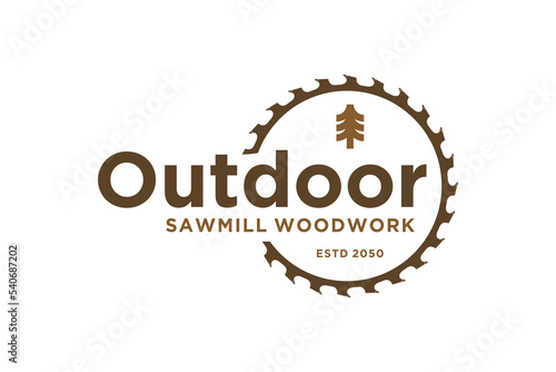 Timber carpentry logo design pine tree with circular saw element simple lumberjack icon symbol logging