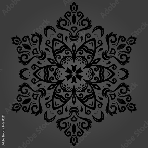 Oriental pattern with black arabesques and floral elements. Traditional classic round ornament. Vintage pattern with arabesques
