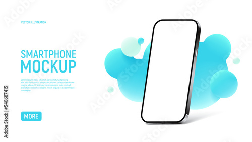 Realistic smartphone mockup template. Template of cell phone with blank display isolated on white background with abstract 3d morphing colorful blobs. Side view on mobile device. Vector.