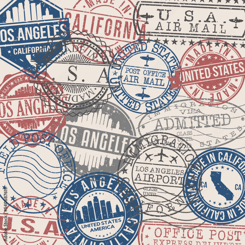 Los Angeles, CA, USA Set of Stamps. Travel Stamp. Made In Product. Design Seals Old Style Insignia.