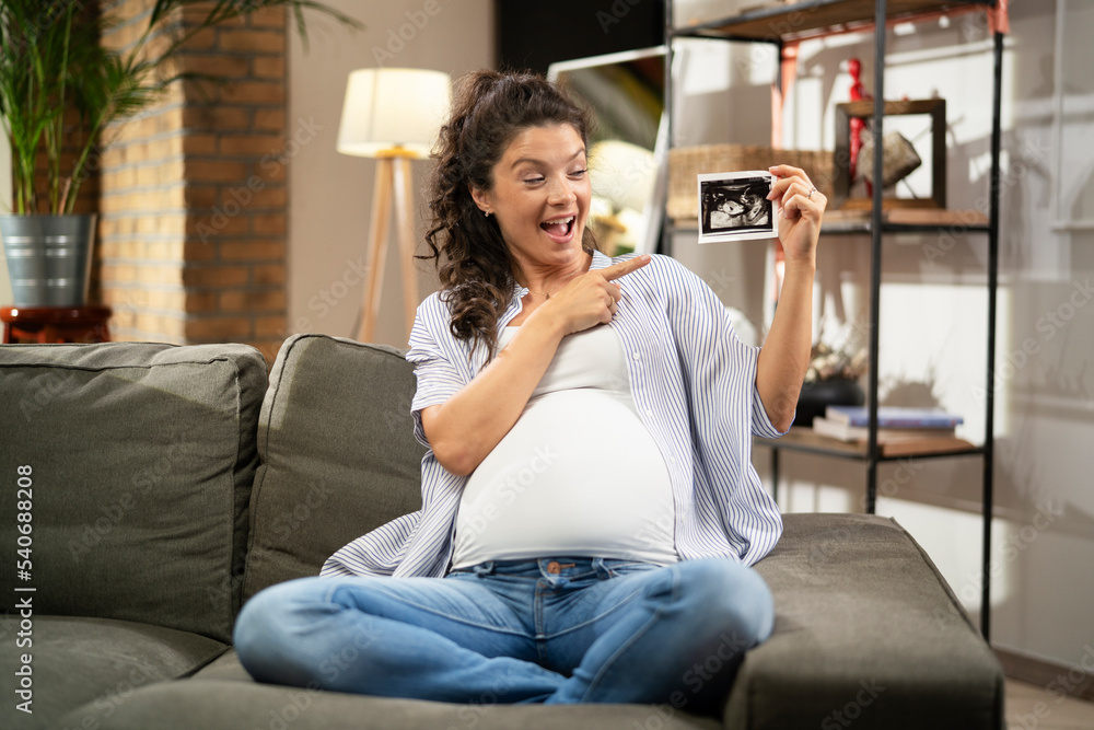 Fototapeta premium Pregnant woman with ultrasound photo. Beautiful pregnant woman enjoy at home
