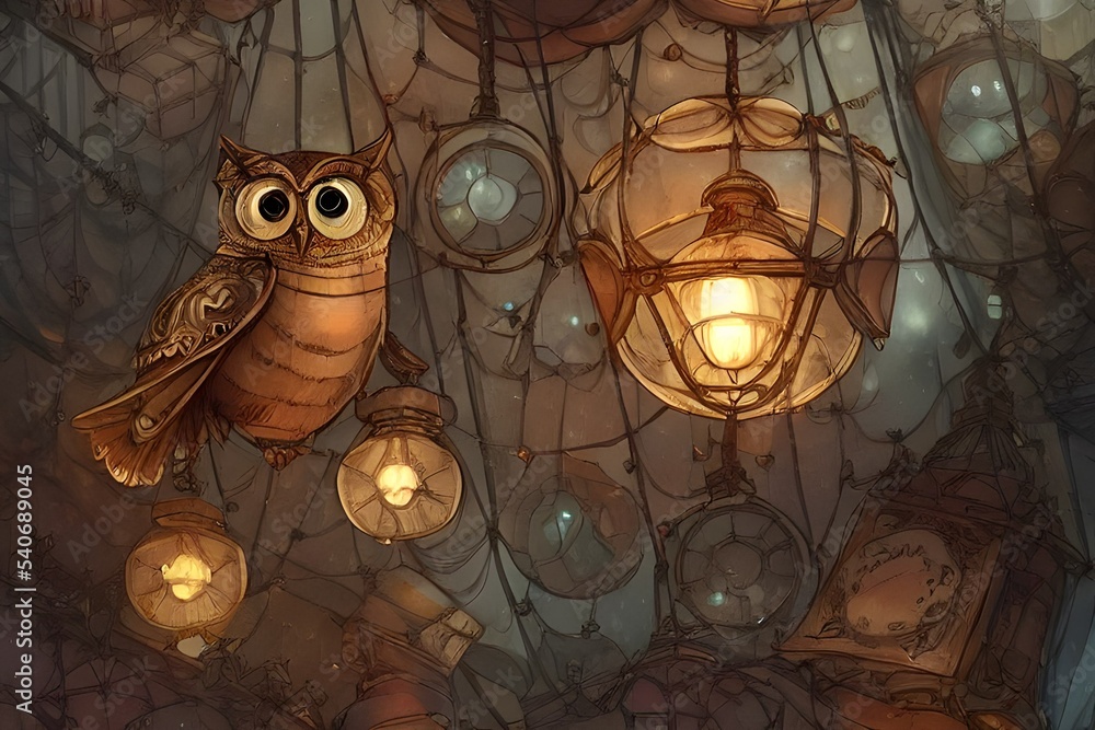 Steampunk Clock Owls evening cute 3d illustration