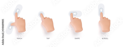Hand touchscreen gestures. Vector 3d hands actions icons on touch screens like swipe, scroll, pinch, tap, zoom and slide touch. Vector 3d set