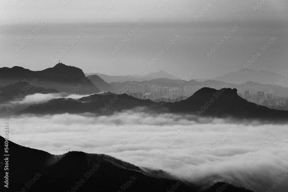 Idyllic landscape of silhouette of natural landmark mountain Lion Rock in Hong Kong