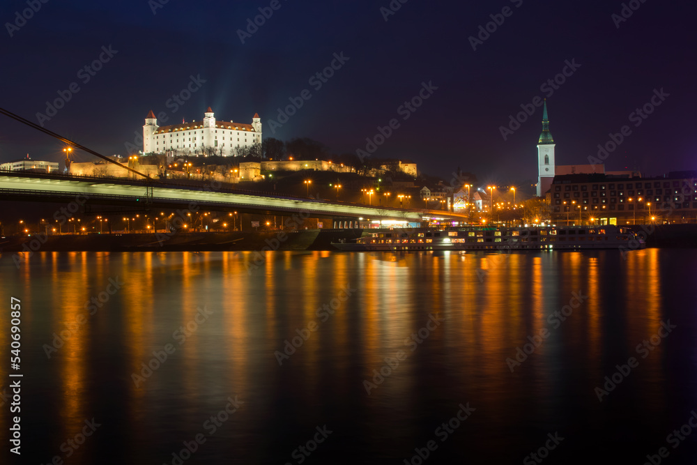 Night cityscape of Bratislava castle in Slovakia