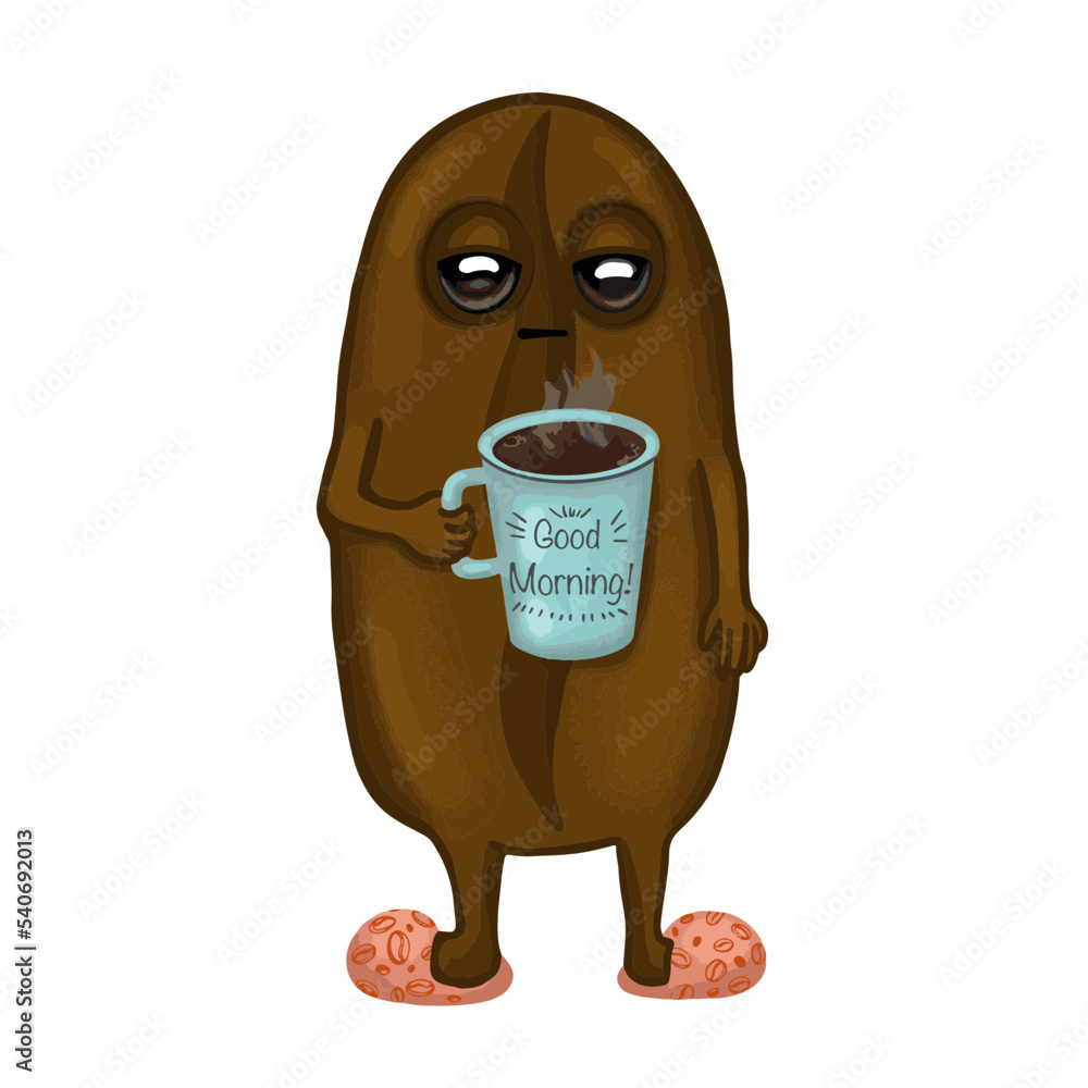 Funny coffee bean emodji waking up in the early morning. Hand drawn