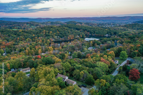 Brilliant Sunset in early fall over Lake Neepaulin Sussex County NJ aerial