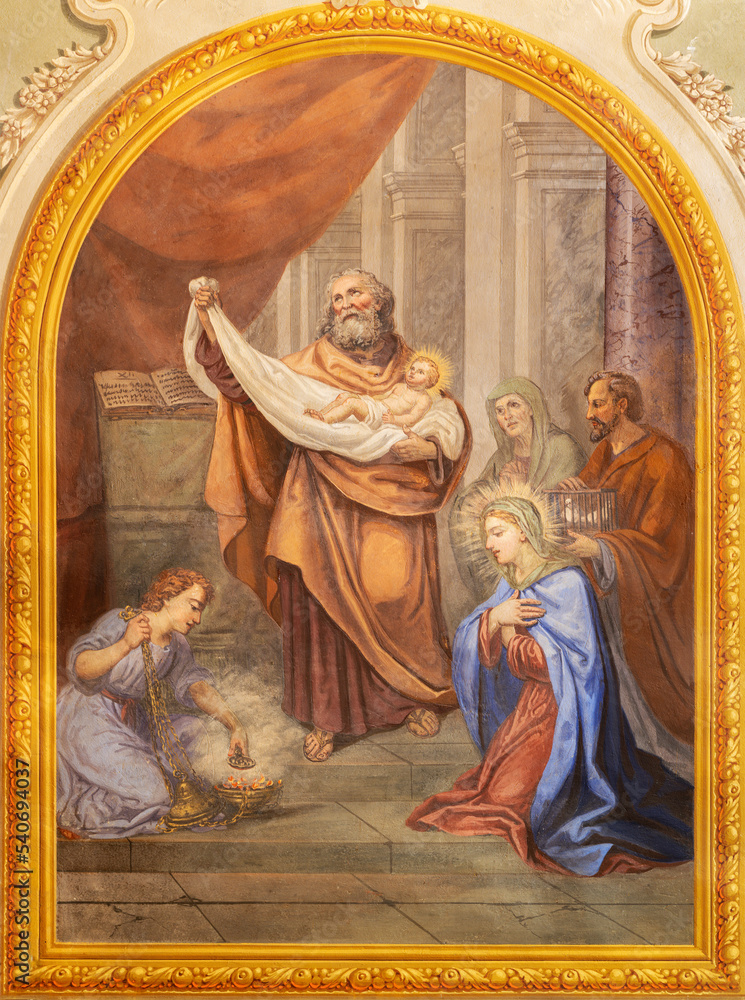 Φωτογραφία COURMAYEUR, ITALY - JULY 12, 2022: The fresco of Presentation of Jesus in the Temple in church Sanctuary of Notre Dame de Guerison by Giuseppe Stornone (1816 - 1890)