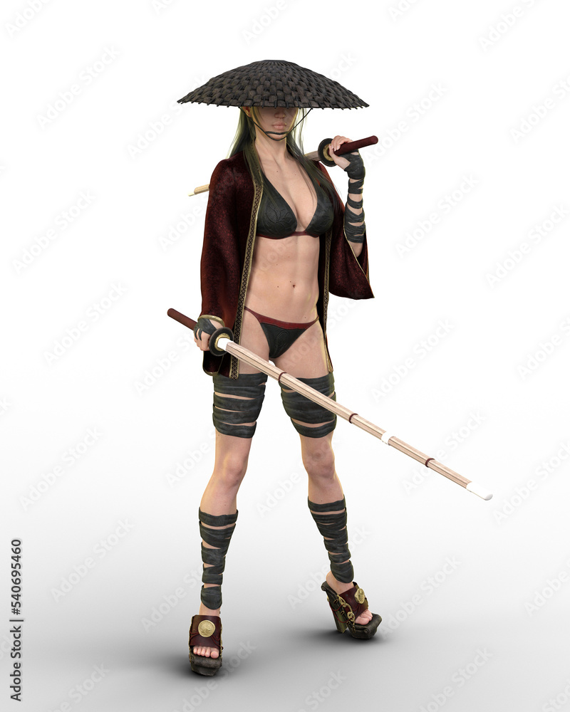 Young attractive martial arts warrior woman standing in black robe costume holding two wooden shinai practice swords. 3D illustration isolated on transparent background. Young attractive martial arts warrior woman standing in black robe costume holding two wooden shinai practice swords. 3D illustration isolated on transparent background.