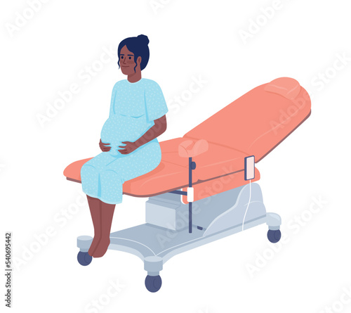 Happy pregnant lady in gynecologist office semi flat color vector character. Editable figure. Full body person on white. Health simple cartoon style illustration for web graphic design and animation