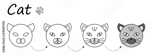 Kid coloring worksheet, Step by step instructions for drawing a dog. Easy educational game for preschool children, applique