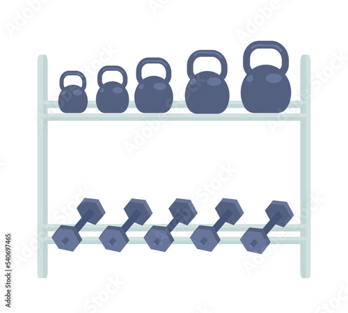 Shelving unit with dumbbells and kettlebells semi flat color vector object. Editable element. Full sized item on white. Sport simple cartoon style illustration for web graphic design and animation