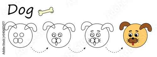 Kid coloring worksheet, Step by step instructions for drawing a dog. Easy educational game for preschool children, applique