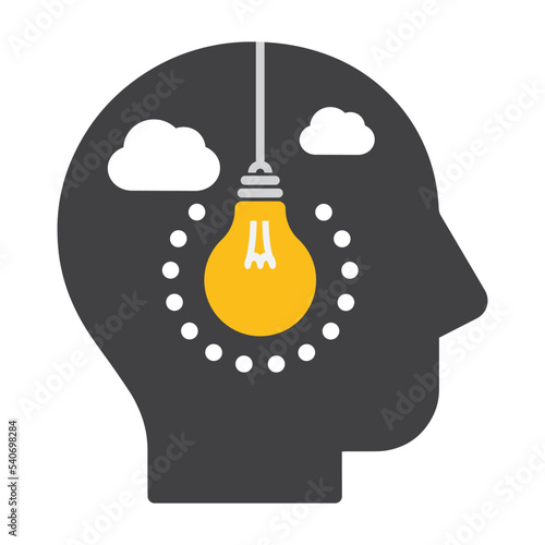 Creative thinking, profile of a man, clouds and light bulb.