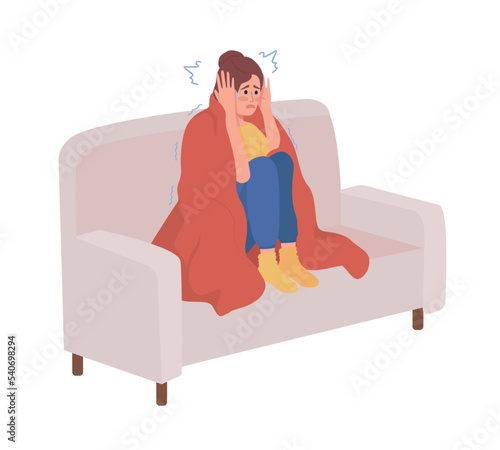 Scared woman with plaid semi flat color vector character. Panic attack symptom. Editable figure. Full body person on white. Simple cartoon style illustration for web graphic design and animation