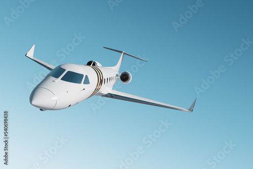 White private business jet flying in the sky, fluffy clouds. Business flights, private jet, luxury life, corporate travel, luxury travel. 3D illustration, 3D render.