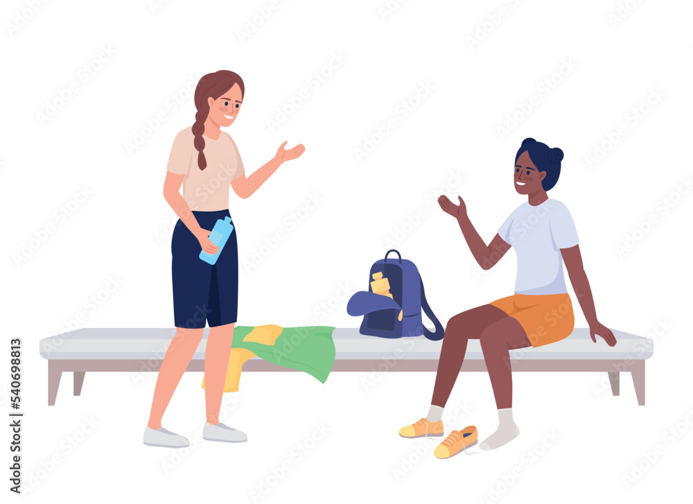 Naklejka premium Friends talking in locker room semi flat color vector characters. Editable figures. Full body people on white. Physical activity simple cartoon style illustration for web graphic design and animation