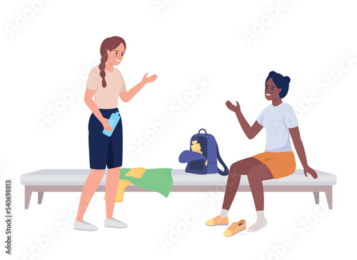 Friends talking in locker room semi flat color vector characters. Editable figures. Full body people on white. Physical activity simple cartoon style illustration for web graphic design and animation
