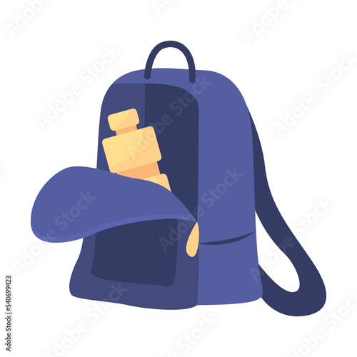Water bottle in backpack semi flat color vector object. Prepare drink for gym. Editable element. Full sized item on white. Sport simple cartoon style illustration for web graphic design and animation