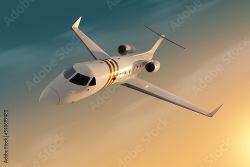 White private business jet on the background of the sunset in the sky  fluffy clouds. Business flights  private jet  luxury life  corporate travel  luxury travel. 3D illustration  3D render.