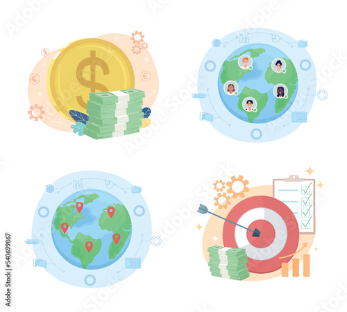 Financial benefits of remote work flat concept vector illustration set. Editable 2D cartoon objects on white for web design. Expand business creative ideas collection for website, mobile, presentation