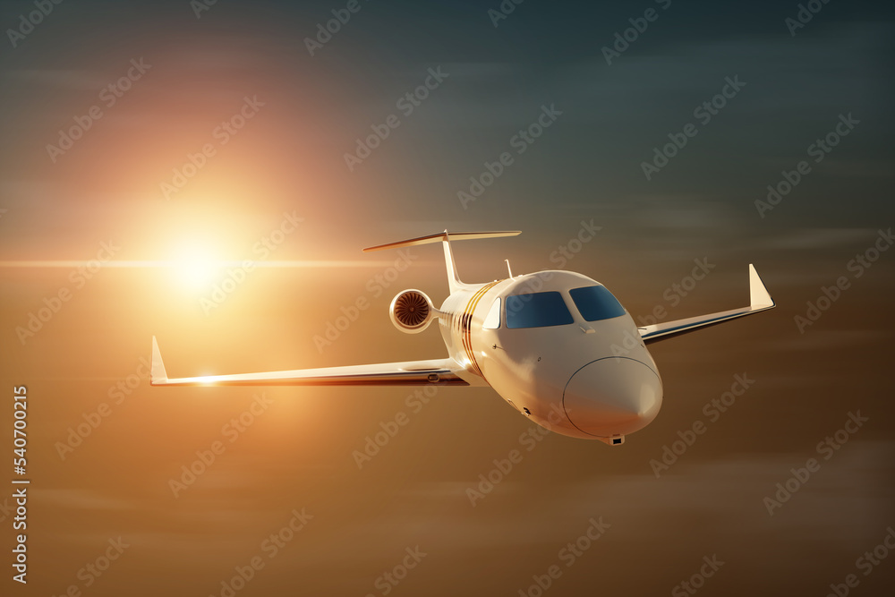 White private business jet on the background of the sunset in the sky, fluffy clouds. Business flights, private jet, luxury life, corporate travel, luxury travel. 3D illustration, 3D render. White private business jet on the background of the sunset in the sky, fluffy clouds. Business flights, private jet, luxury life, corporate travel, luxury travel. 3D illustration, 3D render.
