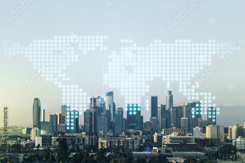 Multi exposure of abstract creative digital world map hologram on Los Angeles city skyline background  tourism and traveling concept