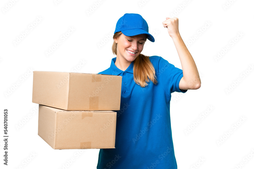 Delivery caucasian woman over isolated background celebrating a victory Delivery caucasian woman over isolated background celebrating a victory