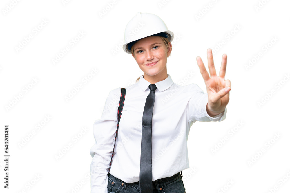 Young architect caucasian woman with helmet and holding blueprints over isolated background happy and counting three with fingers Young architect caucasian woman with helmet and holding blueprints over isolated background happy and counting three with fingers