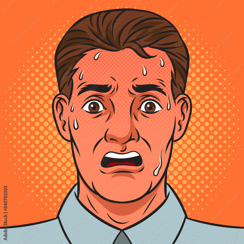nervous frightened scared sweaty man with anxiety and flushed face pinup pop art retro raster