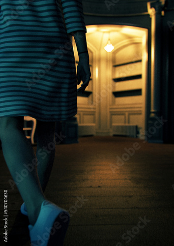 Woman walks into an illuminated classical room at night. 3D render.