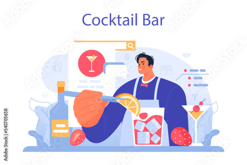 Bartender concept. Barman preparing alcoholic drinks with shaker.