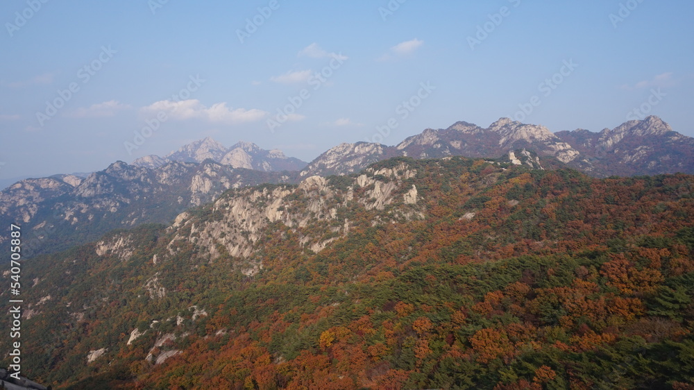 Bukhansan National Park. Bukhansan Bibong Peak - Hyangnobong Peak. autumn mountains. hiking Korean mountains. mountain landscapes in autumn. trekking. rise to the top of the mountain.