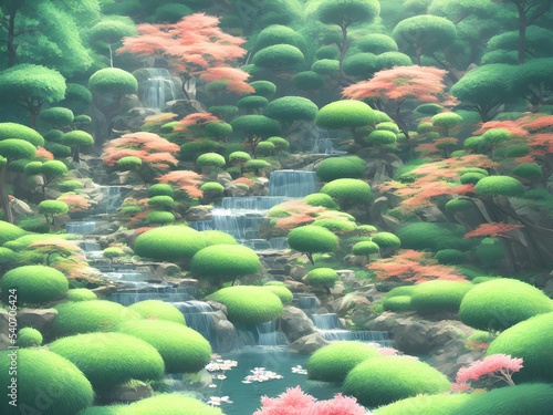 Beautiful detailed Autumn Japanese Zen garden 3d illustration