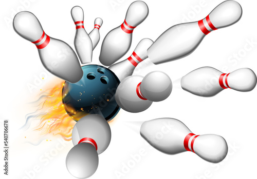 Fotografiet A flame bowling ball scoring a strike strike with ten pins flying in all directi