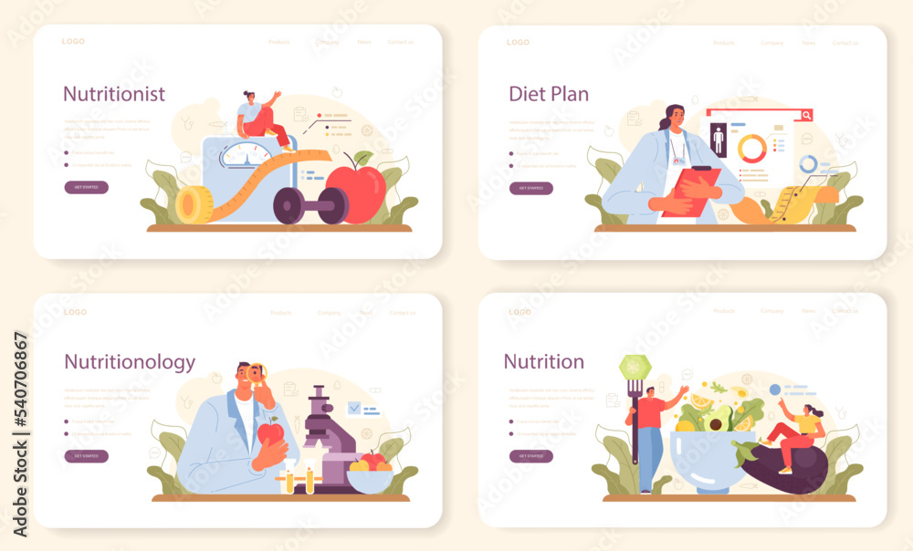 Fototapeta premium Nutritionist web banner or landing page set. Nutrition therapy with healthy